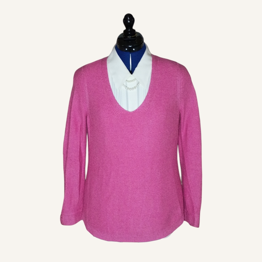 Talbots Women's Pink Waffle Knit Sweater Button Sleeve, V-Neck, Size S